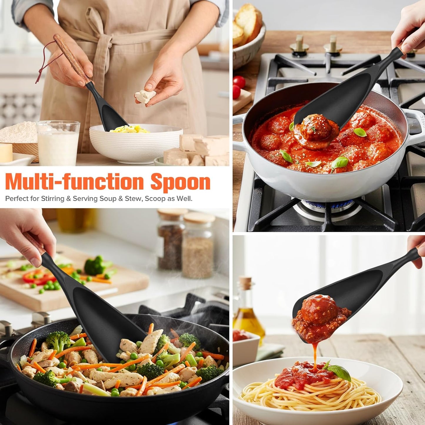 Silicone Cooking Utensils Set of 7 Pack, Wood Handle Heat-Resistant Kitchen Utensils, Non-Stick Cookware Safe - Include Spatula, Spoon, Ladle, Bowl Scraper, Basting Brush for Cooking, Baking, BBQ