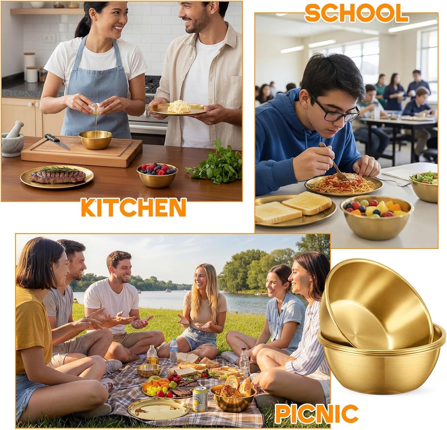 304 Stainless Steel Plates and Bowls Sets - 9 Inch Metal Camping Plates Reusable 20oz Steel Snack Bowls Feeding Serving Dinner Dishes for Adult Girls Boys