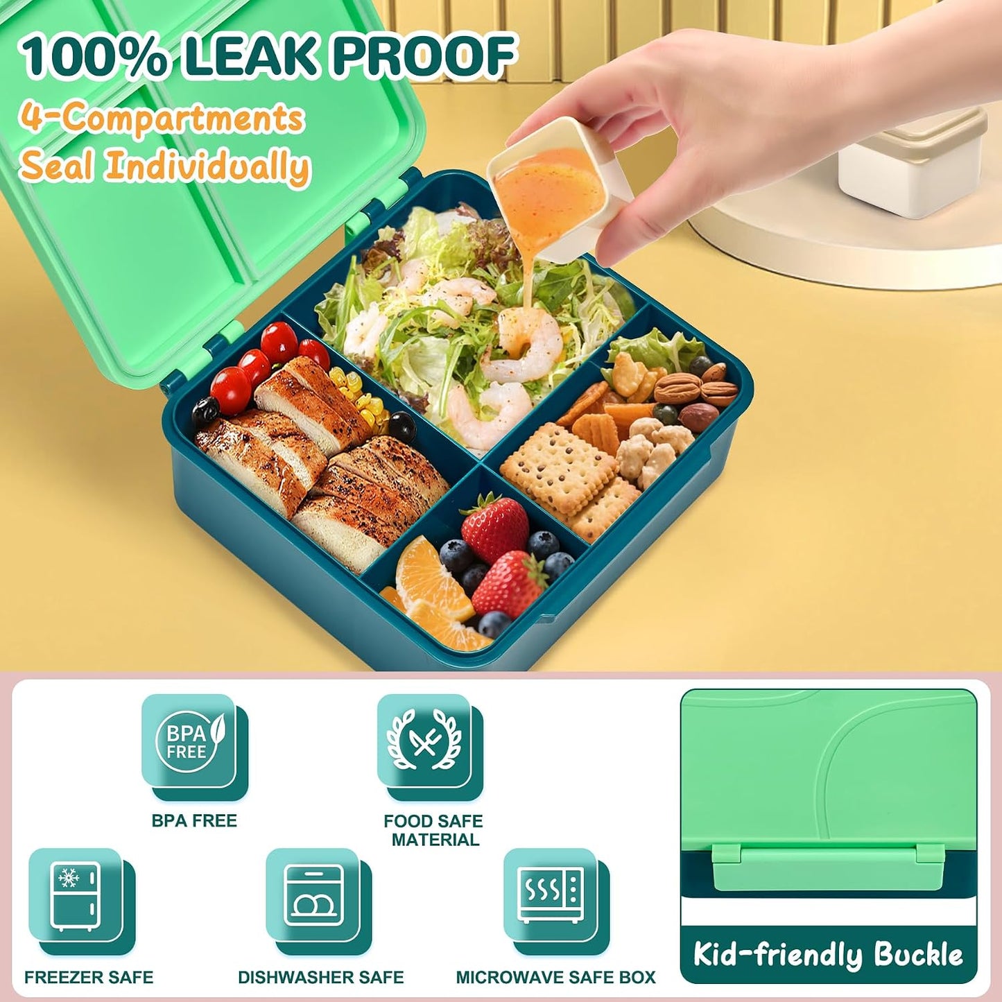 MAXSO Bento Lunch Box Set with 8 oz Soup Thermo, Kids Leakproof 4 Compartments Hot Food Container with Sauce Cup, Ice Pack and Lunch Bag, Child Insulated Food Jar for School - Black