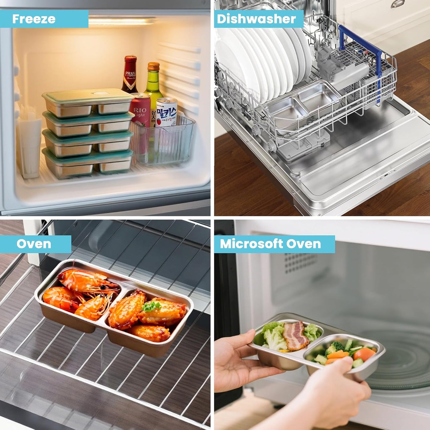 4 Pack Stainless Steel Snack Containers with Leak-Proof Lids, 3 Compartments Reusable Stainless Steel Lunch Box for Balanced Meals, Snackle Box Container,Meal Prep,Work,Camping