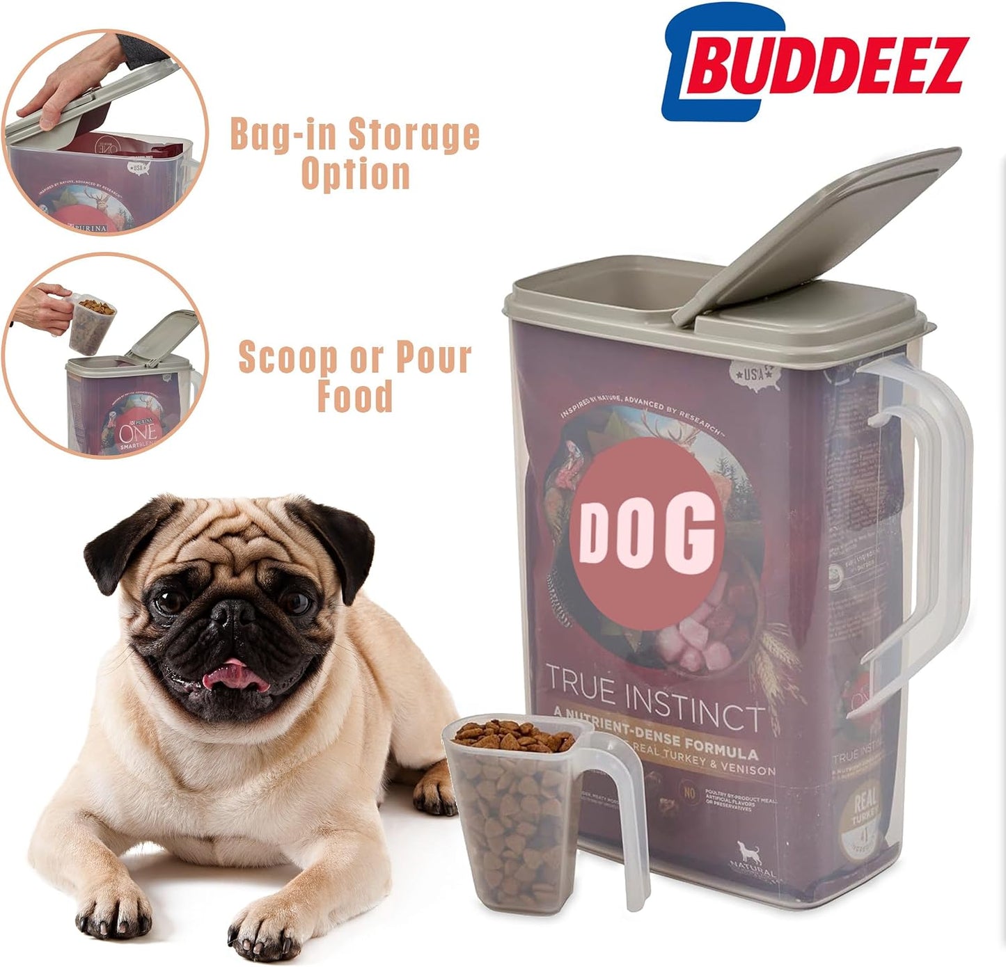 Buddeez Pet Food Storage Container - 8 Quart Capacity Dog / Cat Food & Bird Seed Container with Durable EZ Grip Handle, Flip Gray Lid (includes 1 Cup Clear Scoop)
