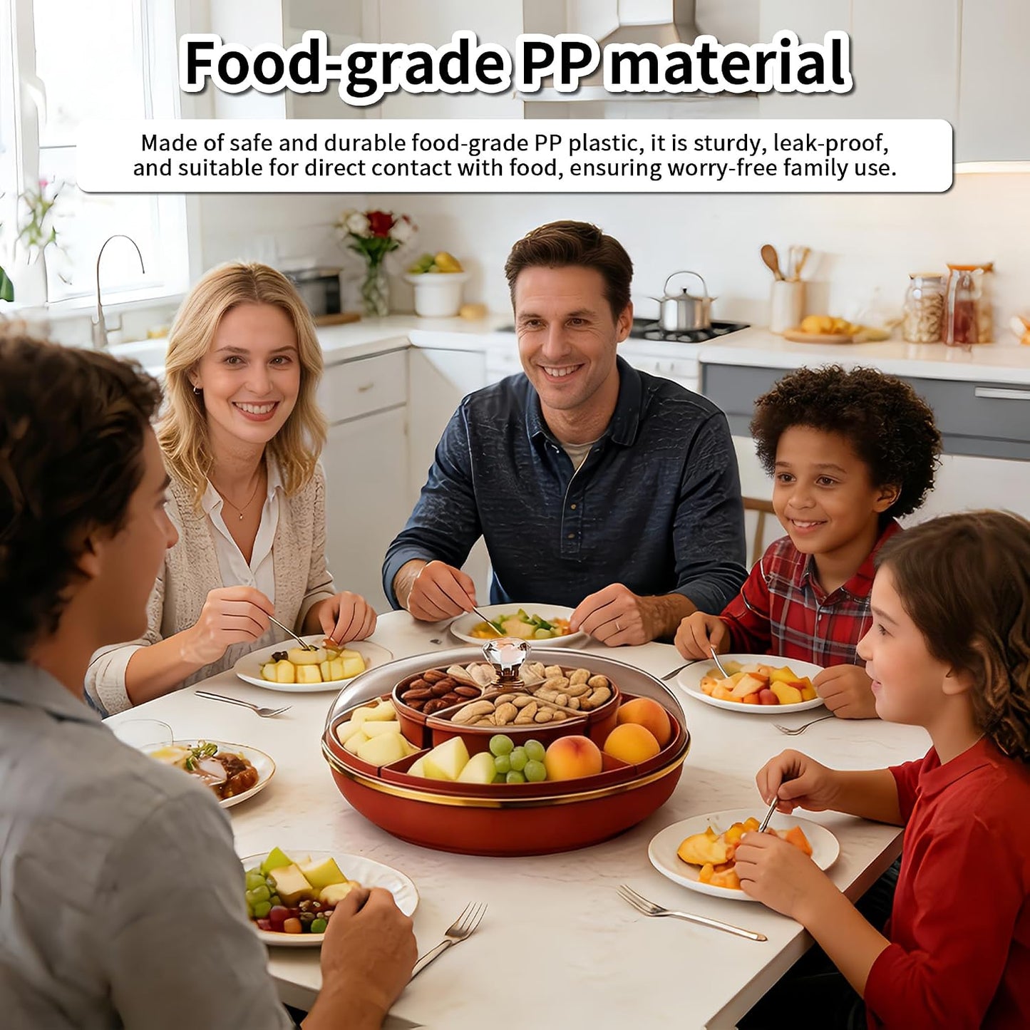 Large 8-Compartment Rotating Snack Tray with Lid, Food Grade PP Divided Serving Tray with Removable Dividers, 360° Spin for Party, Fridge Storage, Fruits & Nuts (Cream White)
