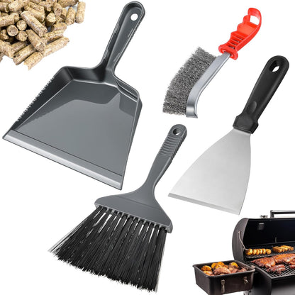 3 Piece Pellet Grill Ash Cleaning Kit, Includes Large Dust Pan, Soft Bristle Brush and Metal Scraper for Easy Removal of Ash, Debris and Grime