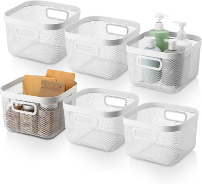 MorningRo 6 Pack Metal Mesh Basket with Hollow Handles Black Wire Storage Bin for Organizing Stackable Metal Fine Mesh Basket for Pantry Bathroom Kitchen Cabinets Shelves (Medium)