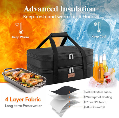 Lifewit Insulated Double Decker Casserole Carrier, Expandable Lasagna Lugger Tote Bag for Hot or Cold Food, Fits 9" x 13" Baking Dish for Potluck Parties, Picnic and Cookouts, Grey-Geometric