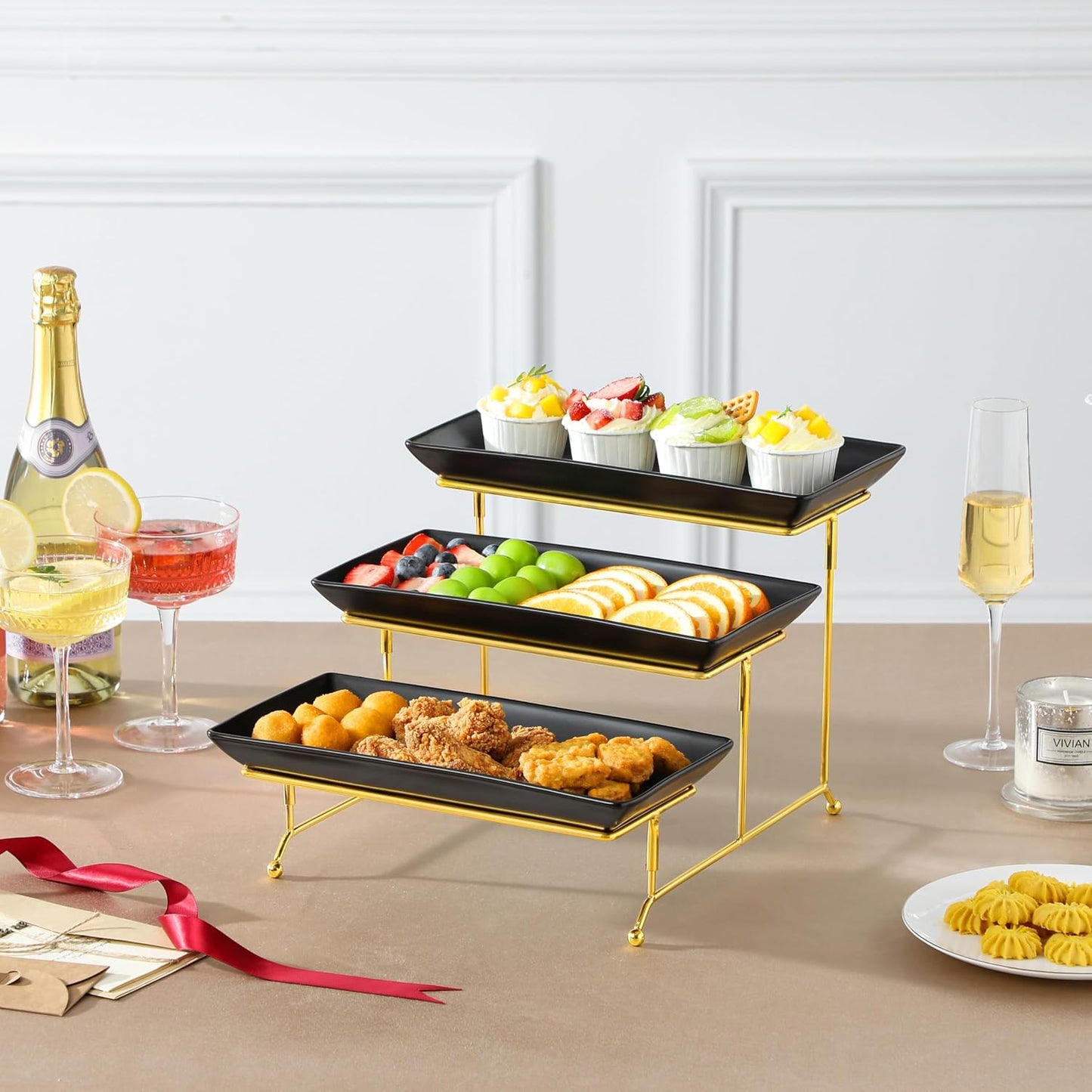 MALACASA 3 Tier Serving Trays for Party, Porcelain Serving Platters and Trays, 12 Inch Tiered Tray Stand, Fruit Tray, Trays for Serving Food, White Dessert Stand with Collapsible Sturdier Metal Rack