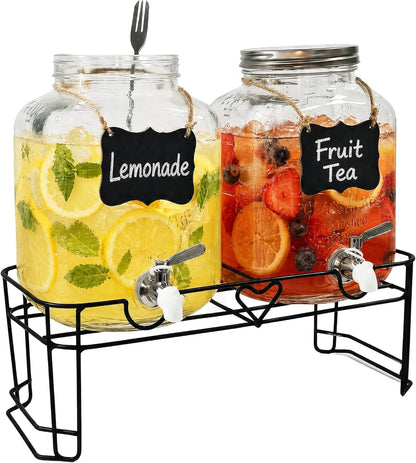 2 Pack1 Gallon Glass Drink Dispensers For Parties,Beverage Dispenser with Stand,304 Stainless Steel Spigot Leakproof,Lemonade Dispenser for Sun Tea, Homemade Juice