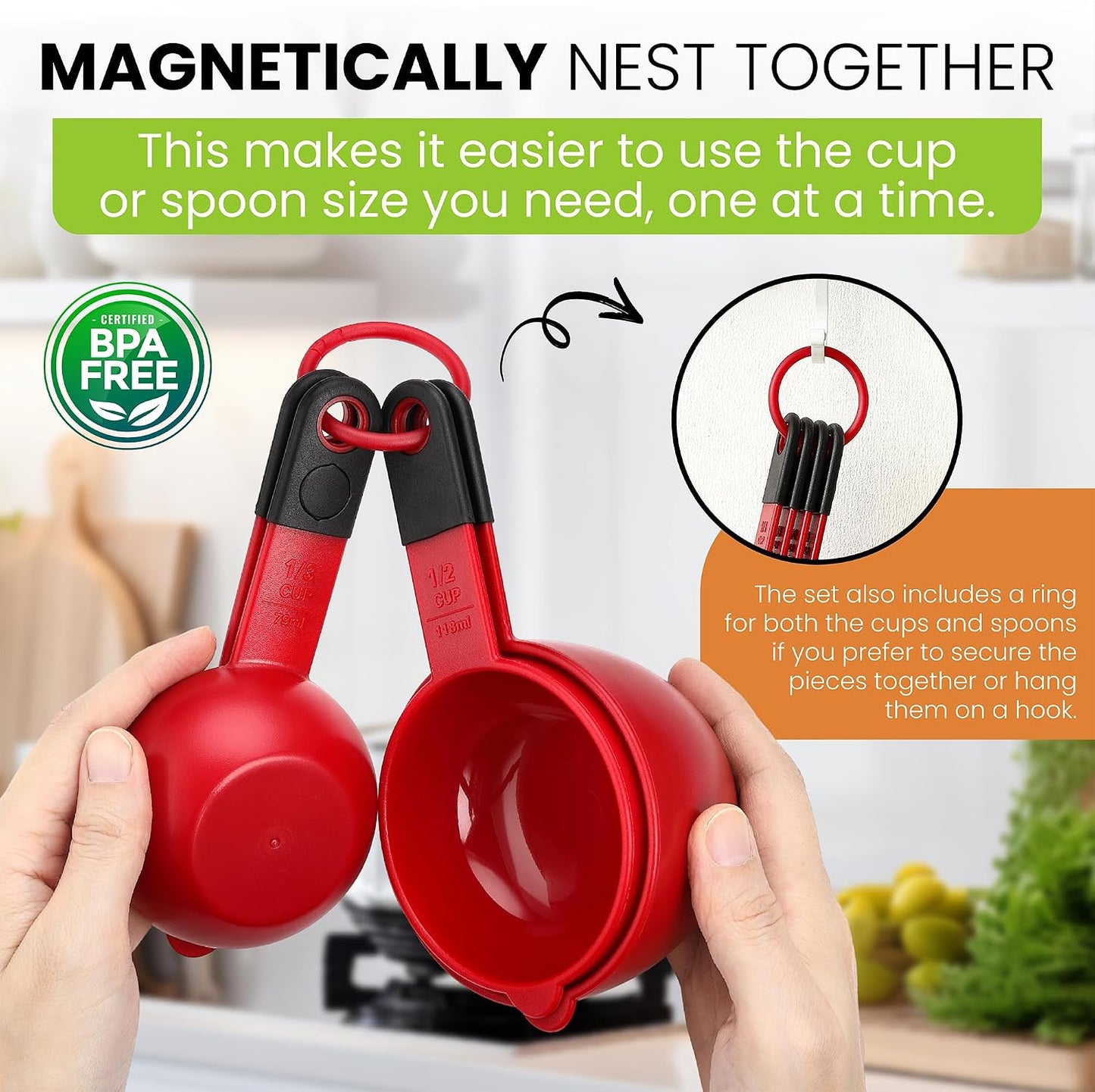 Spring Chef Magnetic Measuring Cups and Spoons Set of 9, Nesting Kitchen Tool with Easy to Read Markings for Measuring Dry or Liquid Ingredient, BPA Free, Black
