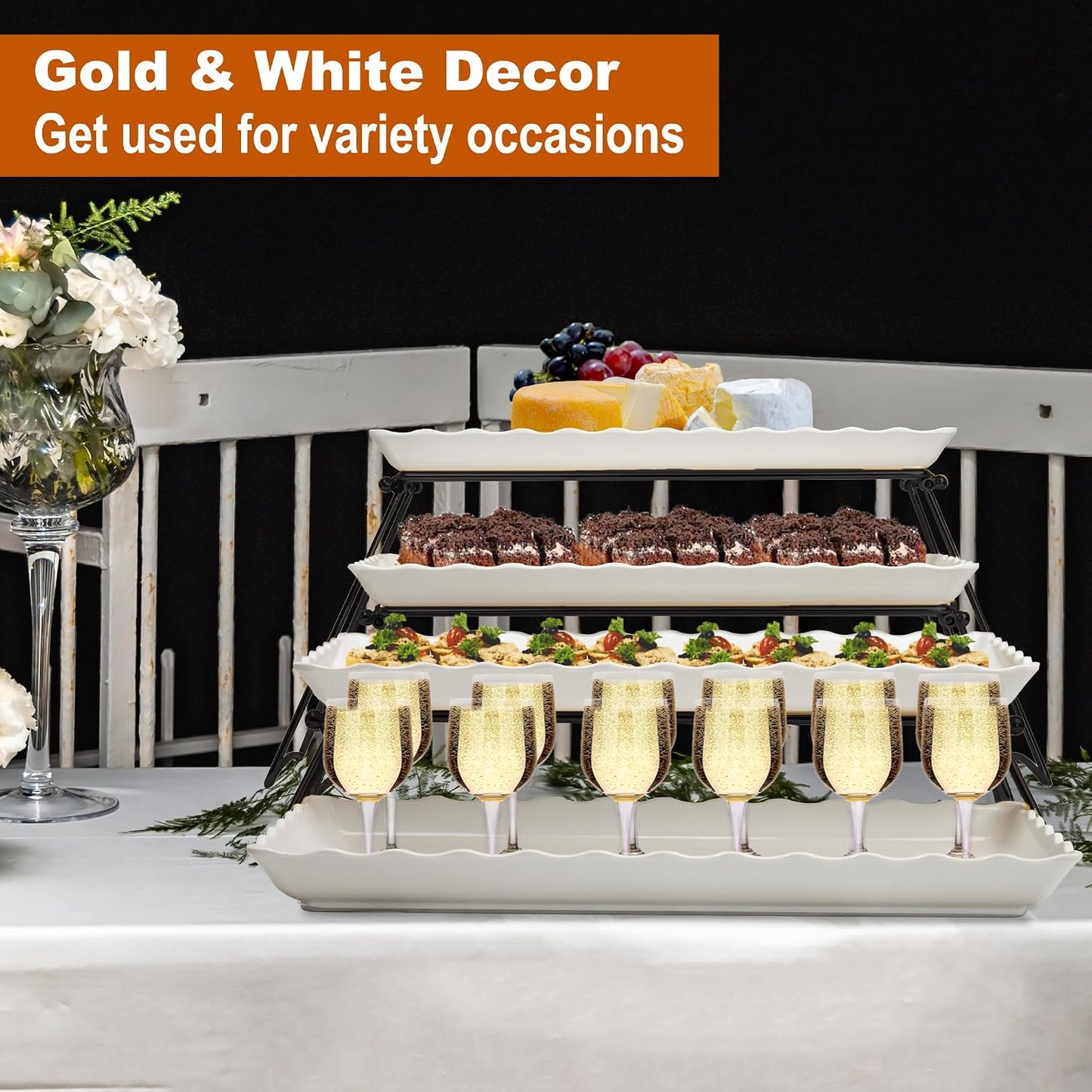 KAQAHIDO Extra Large 4 Tier Serving Tray Set, 34x22x10 inch Wave Edge Melamine Dessert Table Display Set, Tiered Trays Stand for Party Buffet Entertaining, Gold and White