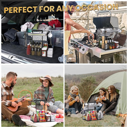 Grill Caddy for Outdoor Grill with 2 Paper Towel Holders,Barbecue Tool Sets Storage Organizer,BBQ Caddy for Outdoor Grill with 9 Compartments & 8 Hooks,Picnic Caddy Grilling Gifts for Men