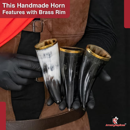 Armory Replicas™ 3-Piece Buffalo Drinking Horn Set – Handmade Natural Horn Cups with Earth Design, Viking Style Mead Ale Wine Cups for Feasts, Parties & Collectors