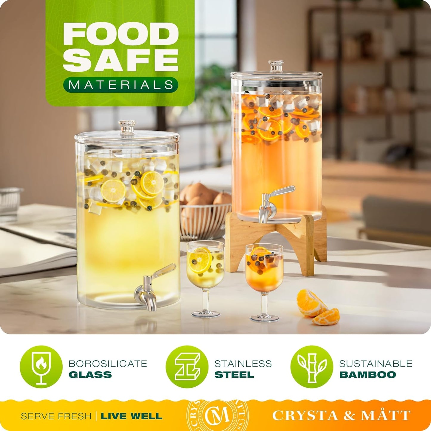 2.2 Gallon Glass Beverage Dispenser With Stand | Glass Water Dispenser With Stand | Leakproof Spigot | Ideal for Hot and Ice Cold Drinks | Perfect for Breakfast, Parties, Weddings