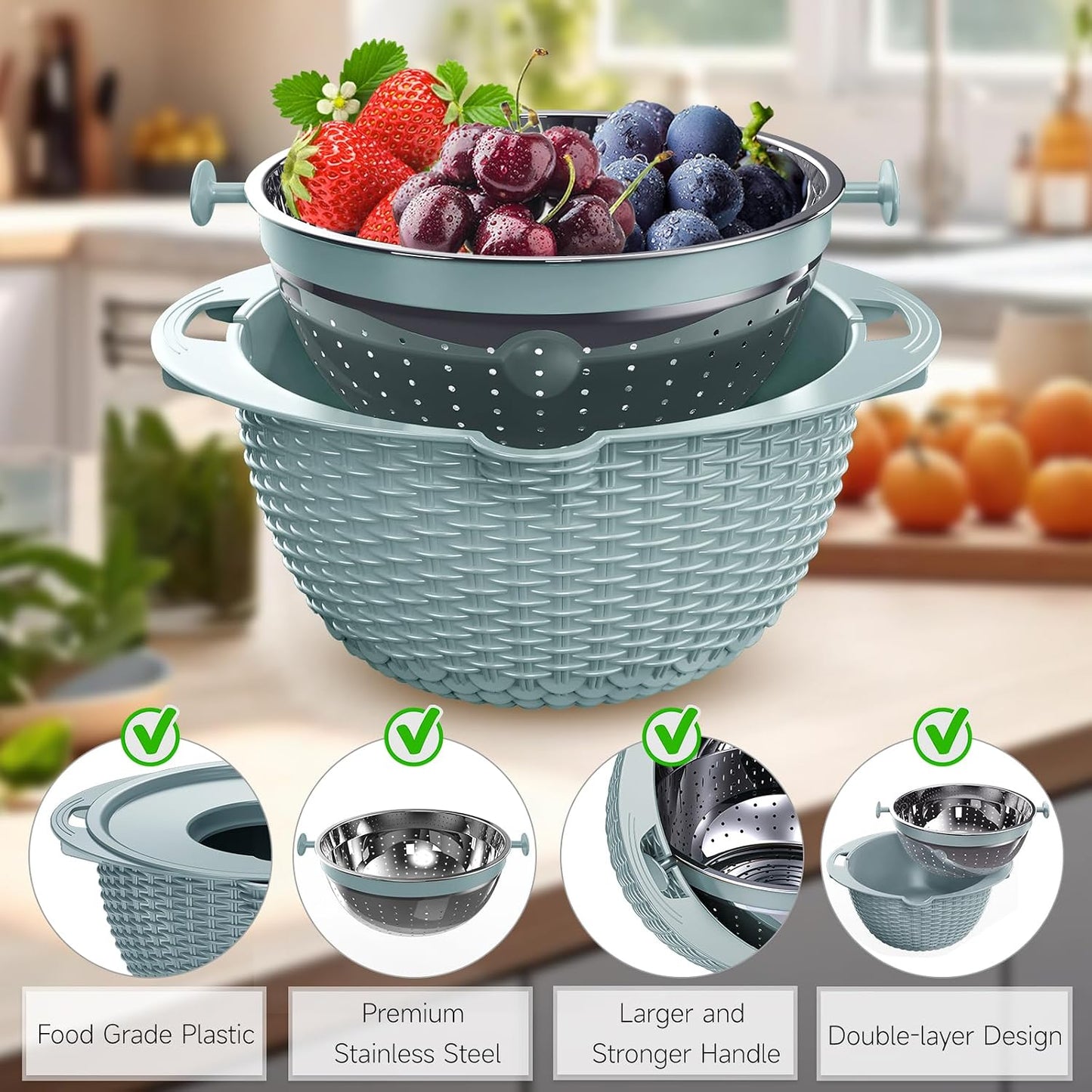 4-1 Colander with Bowl & Spoons Set - Rotatable Colander for kitchen with New Upgraded Graters, Food Strainer(Patented) for Pasta, Fruits, Vegetables, Funny Presents for Women, Beige