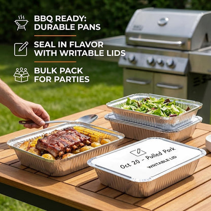 50 Pack Aluminum Pans with Cardboard Lids, 8.3"x6.2", 2.25 LB | Heavy duty disposable foil containers, trays for baking, meal prep, roasting, food storage