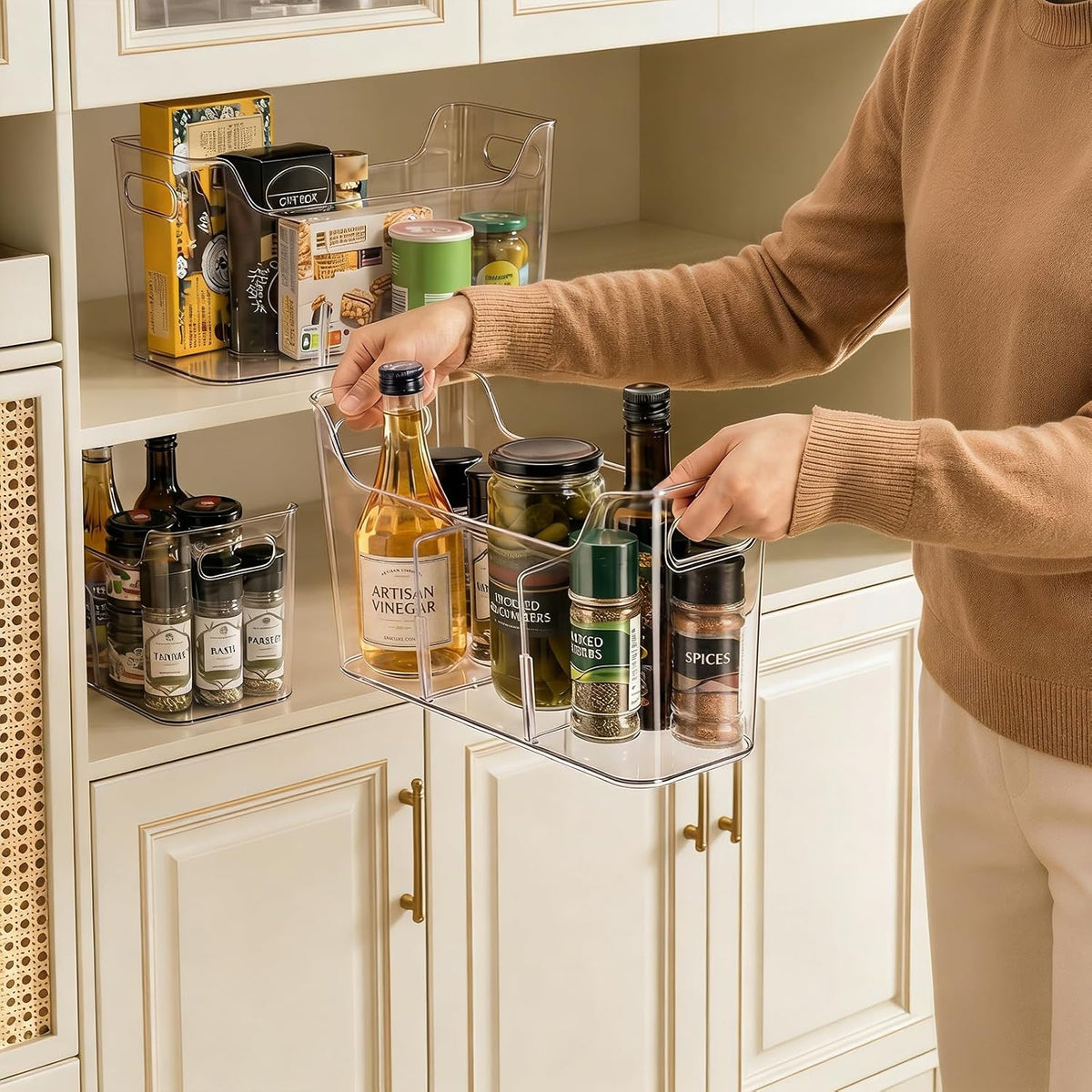 4 Pack Tall Narrow Clear Bins, Slim Pantry Freezer Organizer Bins with Removable Divider, Stackable Plastic Storage Containers with Handle for Kitchen Cabinet Closet Bathroom