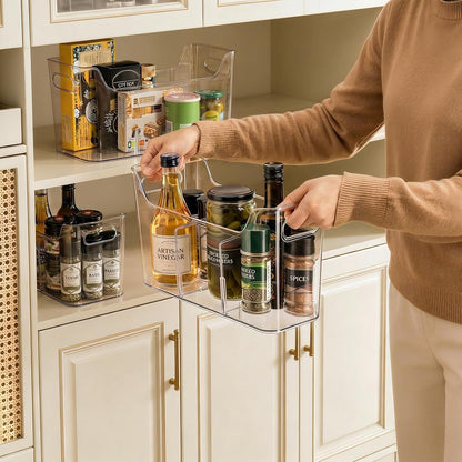 4 Pack Tall Narrow Clear Bins, Slim Pantry Freezer Organizer Bins with Removable Divider, Stackable Plastic Storage Containers with Handle for Kitchen Cabinet Closet Bathroom