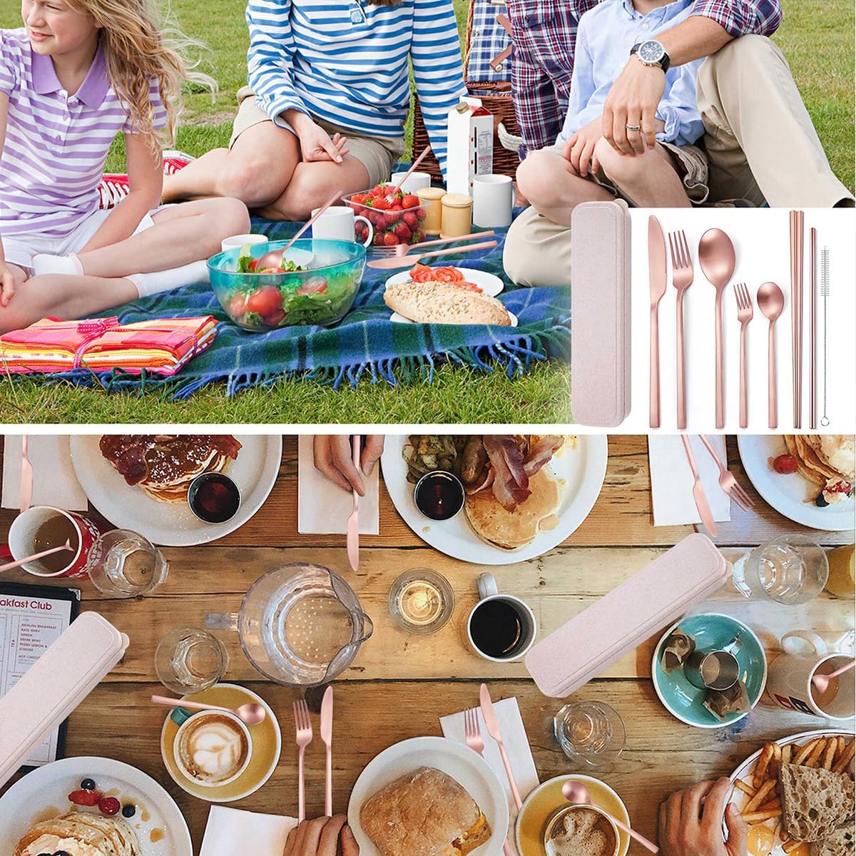 AARAINBOW 8 Pieces Stainless Steel Flatware Set Portable Reusable Cutlery Set Travel Utensils Set Including Chopsticks Knife Fork Spoon Straws Cleaning Brush Dishwasher Safe (Pink Golden)