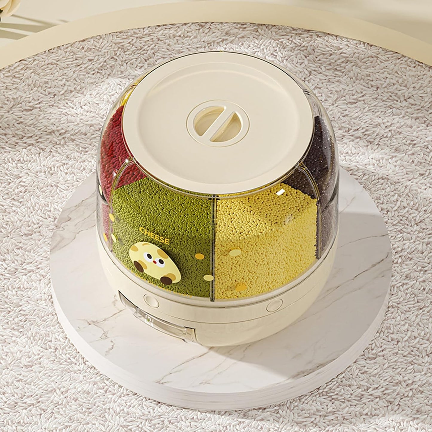 UFORU Rice Dispenser | 360° Rotating Grain Storage Bin - 6 Grids, 20LBS Large Capacity Food Container, Moisture-Proof, One-Click Output for Rice, Beans & Pet Food - Kitchen Pantry Organizer