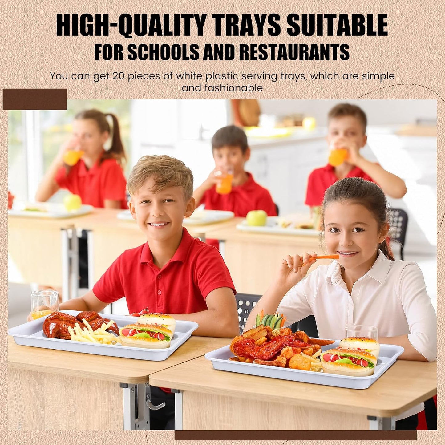 Ziliny 20 Pcs Plastic Serving Trays Bulk Plastic Serving Platters Reusable Rectangle Food Tray Stackable Party Trays for Dinner Snack Dessert in School Cafeteria(White)
