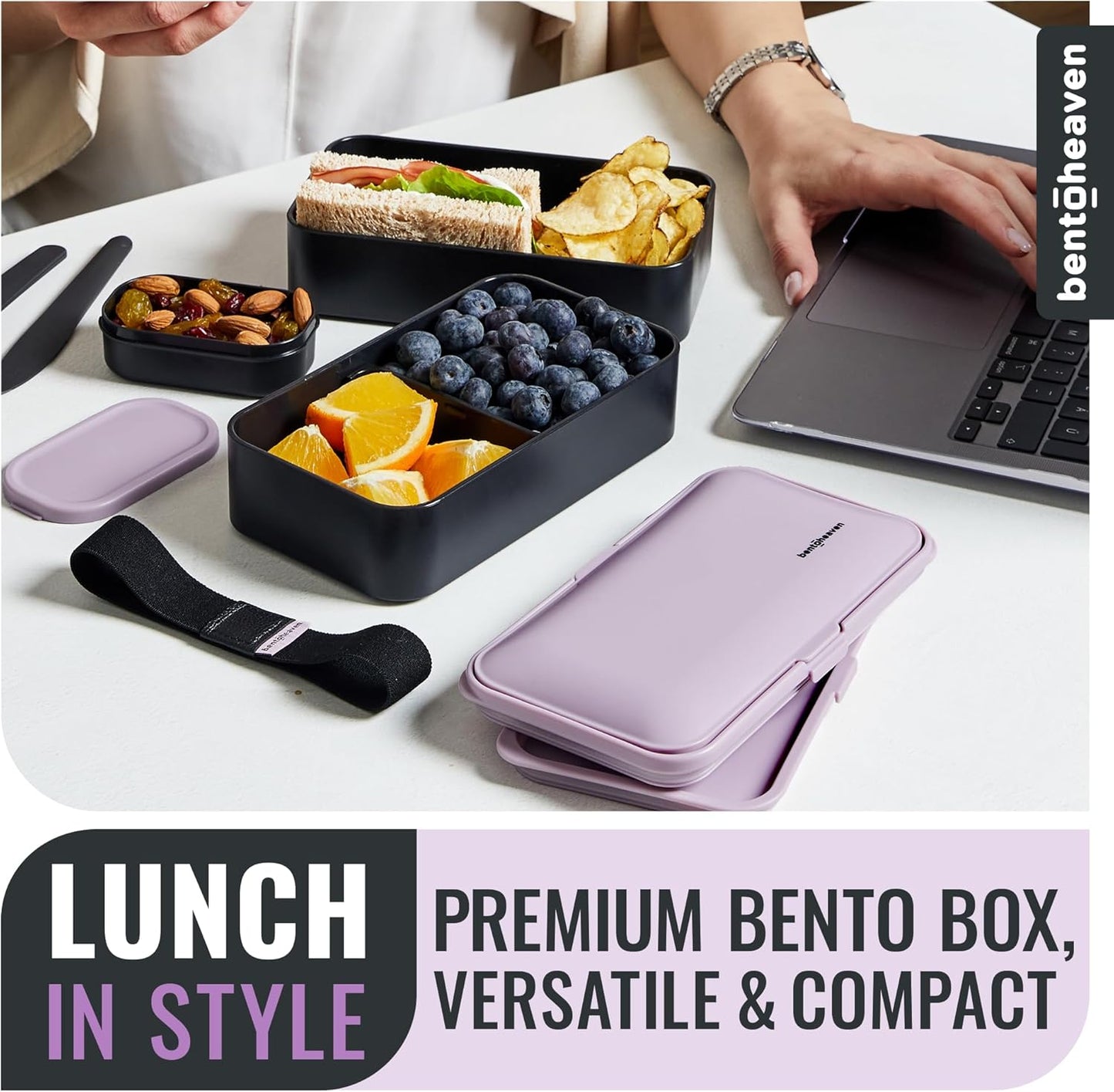 Bentoheaven Premium Bento Box Adult Lunch Box with Compartments for Women & Men, Set of Utensil & Chopsticks & Dip Container, Cute Japanese Kids Bento Lunch Box, Microwavable (Symph Onyx)
