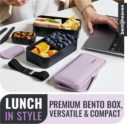 Bentoheaven Premium Bento Box Adult Lunch Box with Compartments for Women & Men, Set of Utensil & Chopsticks & Dip Container, Cute Japanese Kids Bento Lunch Box, Microwavable (Symph Onyx)