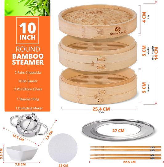 KitchenCrust Bamboo Steamer Basket 10 Inch With Ring, 2 Tier Dumpling Set