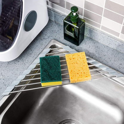 Tomorotec Foldable Stainless Steel Triangle Roll-Up Dish Drying Rack for Small Sink Corners - Over-The-Sink Multipurpose Kitchen Drainer, Rustproof Organizer, Trivet and Shelf - Space-Saving (Black)