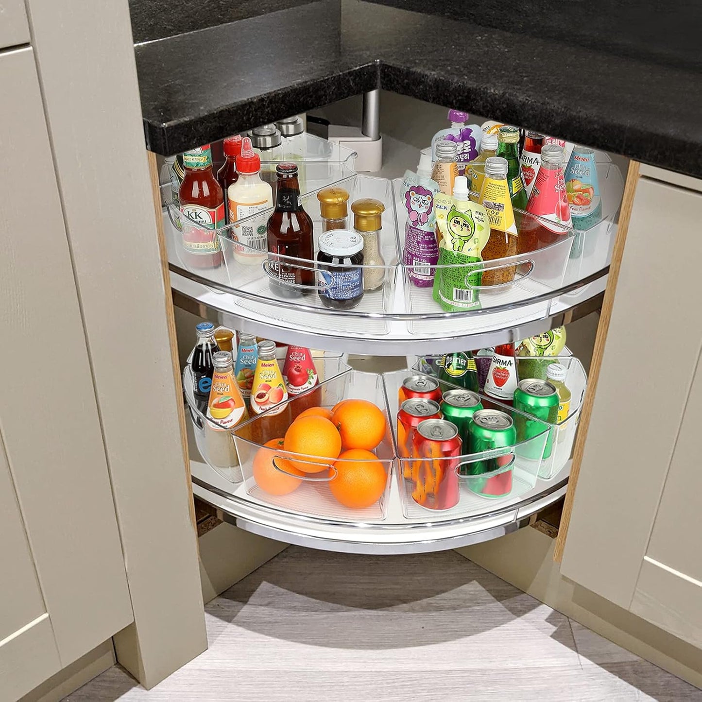 URALFA Lazy Susan Organizer, 1/8 Wedge Corner Cabinet Bins, Set of 4 | 10"x9.5"x4" Clear Plastic Bins with Handle, BPA-Free Food Safe, Fits 26"/28"/32" Lazy Susan, 4" Deep Storage