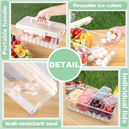 TERGOO Ice Chilled Condiment Caddy with 20 Reusable Ice Cubes, Thickened Condiment Server Tray with Lid for 4 Removable Trays, Portable Snackle Box Container for Bar, Fruit, Salad, Taco, Party Garnish