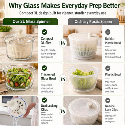 Glass Salad Spinner 3.2 Qt, Small Salad Spinner with Glass Bowl Removable Lid for Easy Cleaning Dishwasher Safe Glass Bowl Vegetable and Fruit Washer Dryer with Drain Spout Crank Handle White