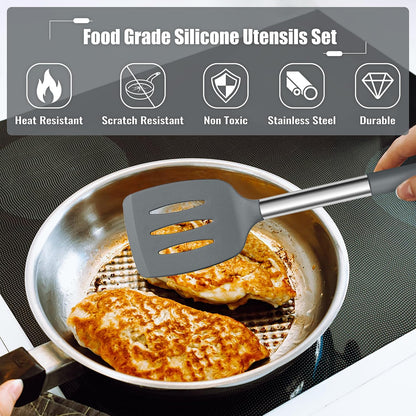 E-far 14 Pieces Silicone Cooking Utensils Set, Kitchen Utensils Set with Holder, Spatula, Ladle, Spoon, Tong, Slotted Turner for Nonstick Cookware, Heat Resistant & Stainless Steel Handle, Black