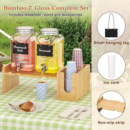 2-pack 1 Gallon Drink Dispenser,Glass Beverage Dispenser with Spigot,Lemonade dispenser Bamboo Stand for Outside, Glass Drink Dispensers for Parties with Ice Core