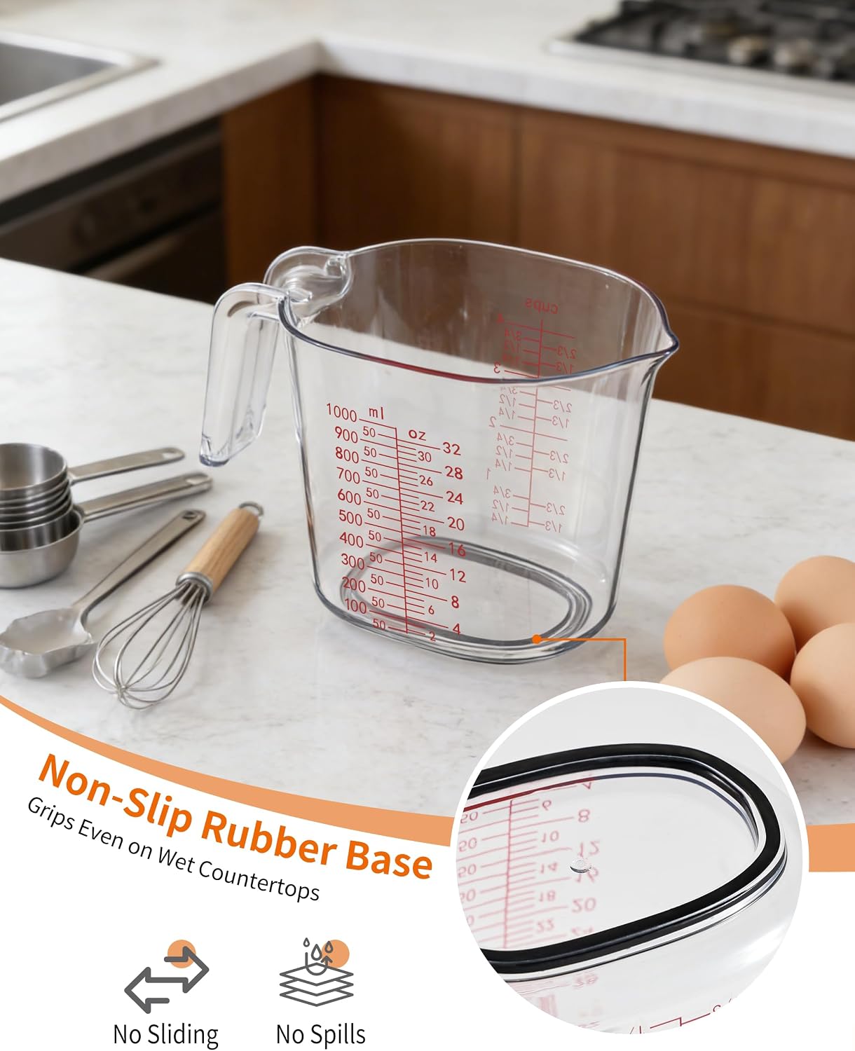 -BINGBING- Measuring Cups Set of 3, Plastic, Nesting Design, Pour Spout | 1L, 2 Cup, 1 Cup with Ml & Oz Markings, Non-Slip Base & Pour Spout for No Mess, Nesting Design for Kitchen, Baking & Cooking