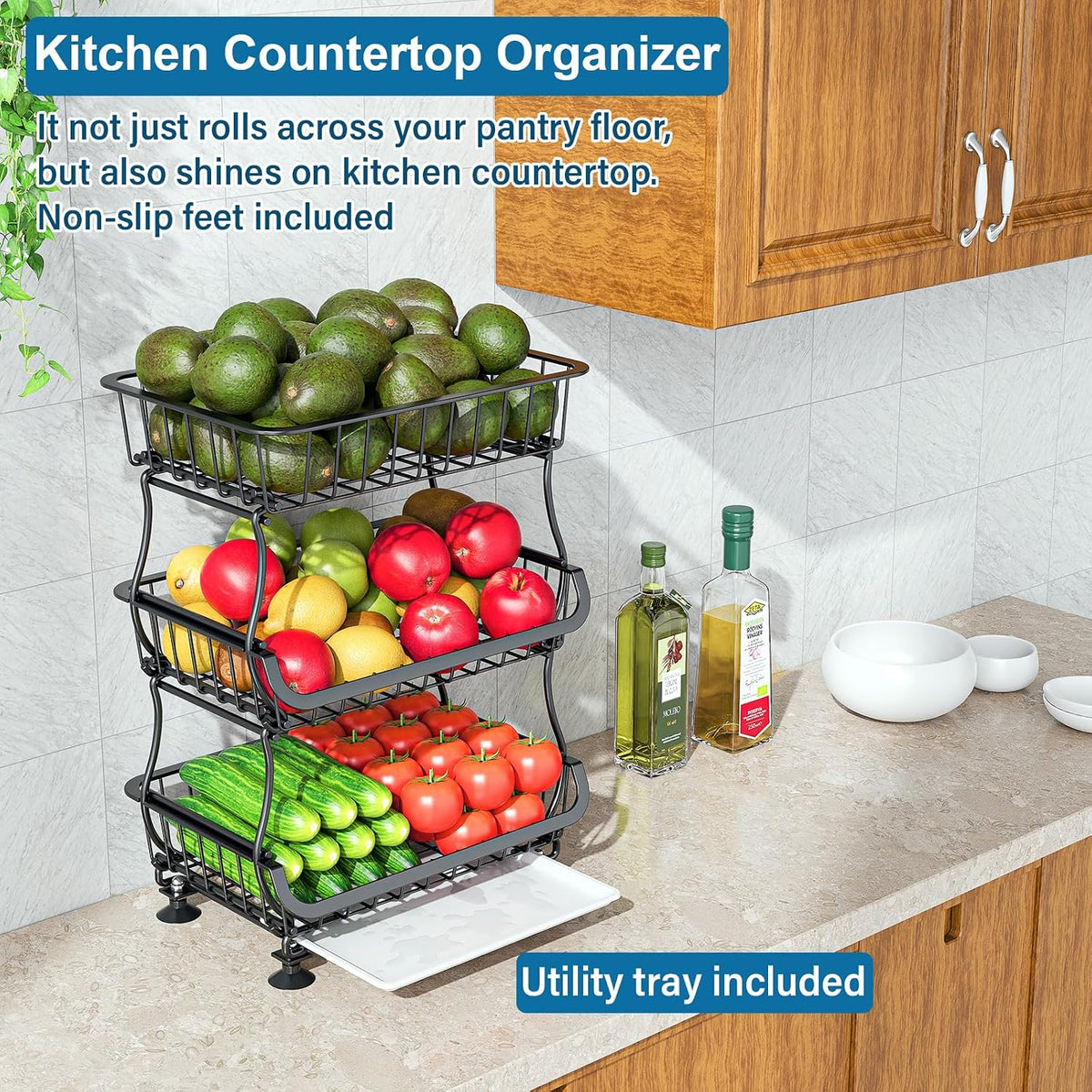OKZEST 3-Tier Rolling Pantry Floor Organizer and Storage Cart with Wheels, Stackable Wire Pantry Baskets for Pantry Shelves, Kitchen Storage Rack and Fruit Basket Stand for Fruit Snack Onion Potato