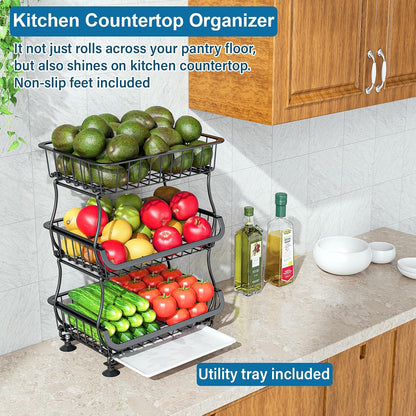 OKZEST 3-Tier Rolling Pantry Floor Organizer and Storage Cart with Wheels, Stackable Wire Pantry Baskets for Pantry Shelves, Kitchen Storage Rack and Fruit Basket Stand for Fruit Snack Onion Potato