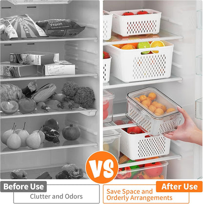 5 PCS Large Fruit Storage Containers for Fridge with Removable Colanders, Airtight Food Storage Containers with 5 Lids, 4 in 1 Produce Containers Keep Berry Fruits Vegetable Food Meat Fresh Longer