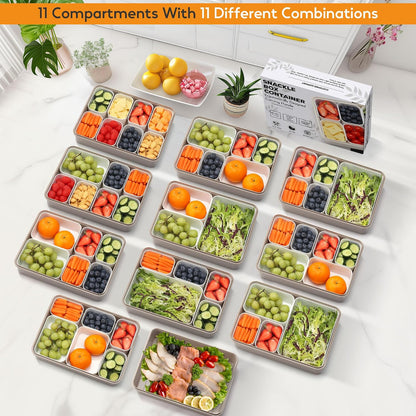 Snackle Box Container for Adults, 11 in 1 Divided Serving Tray Snack Box Containers with Stackable Compartment and Handle, Customizable Charcuterie Boxes Portable Snack Platter for Party Travel, Brown