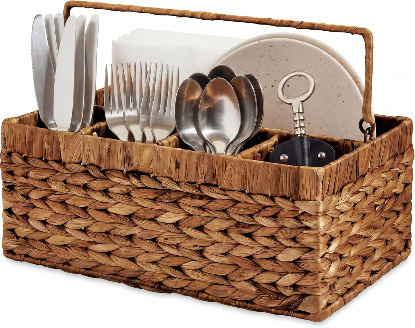 Best Choice Products Handwoven Silverware Organizer w/Handle, 5 Compartment Flatware Organizer, Shelf Storage Basket, Wicker Utensil Caddy, Cutlery Basket Holder for Party, Picnic, BBQ - Chestnut