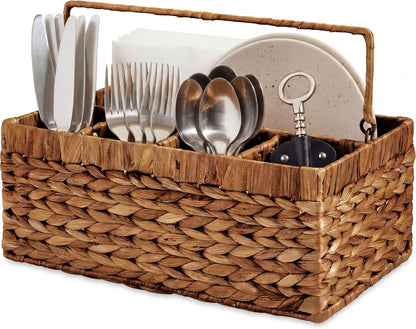 Best Choice Products Handwoven Silverware Organizer w/Handle, 5 Compartment Flatware Organizer, Shelf Storage Basket, Wicker Utensil Caddy, Cutlery Basket Holder for Party, Picnic, BBQ - Chestnut