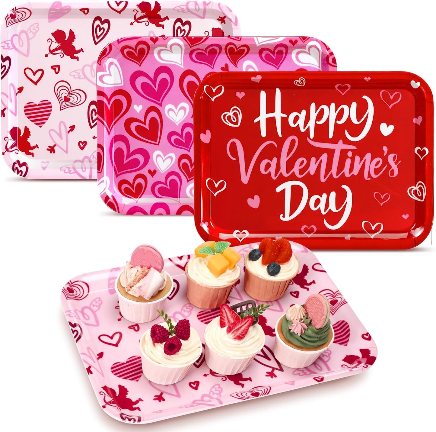 Rtteri 3 Pcs 13 x 10 Inch Valentine's Day Serving Trays Large Plastic Valentine Platters Reusable Serving Dishes Rectangle Pink Heart Candy Snack Food Tray for Valentines Day Wedding Party Table Decor