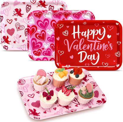 Rtteri 3 Pcs 13 x 10 Inch Valentine's Day Serving Trays Large Plastic Valentine Platters Reusable Serving Dishes Rectangle Pink Heart Candy Snack Food Tray for Valentines Day Wedding Party Table Decor
