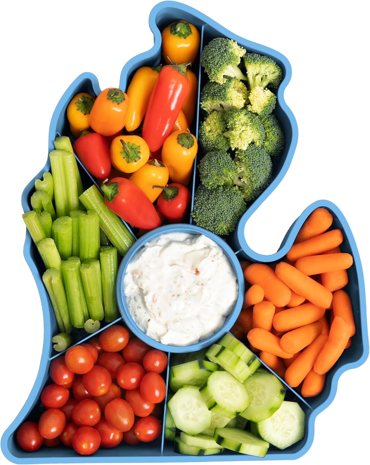 KOLORAE Michigan Serving Tray - Unique 7 Compartment Mitten State Reusable Snack Tray w/Dressing Cup. Great for Entertaining and Storage for Appetizers, Snacks, Chips & Dip