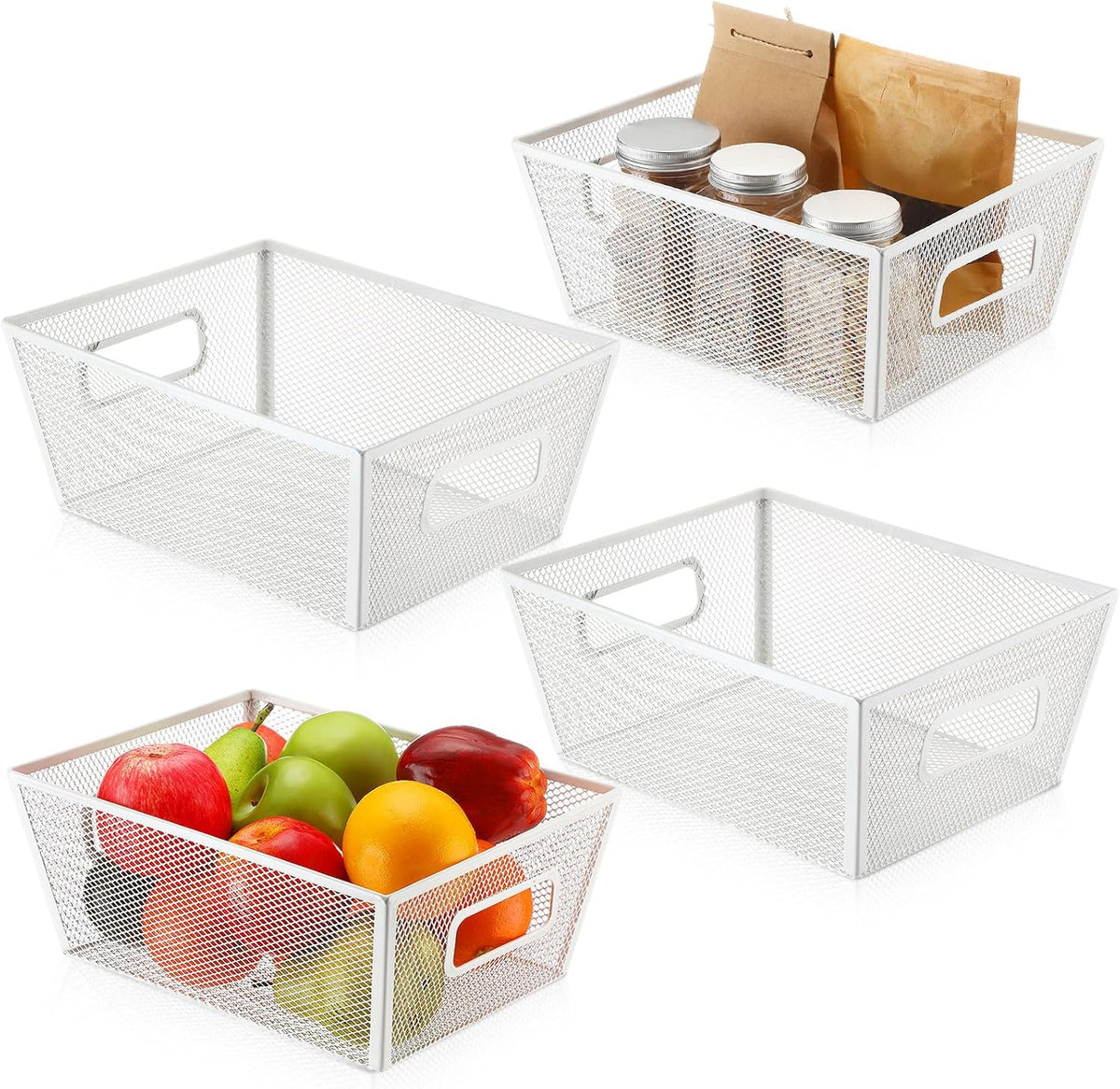 Maxdot 4 Pcs Wire Storage Basket with Handle Metal Baskets Wire Mesh Pantry Organizers for Cabinet Kitchen, Laundry, Bathroom Makeup Snacks Containers(White)