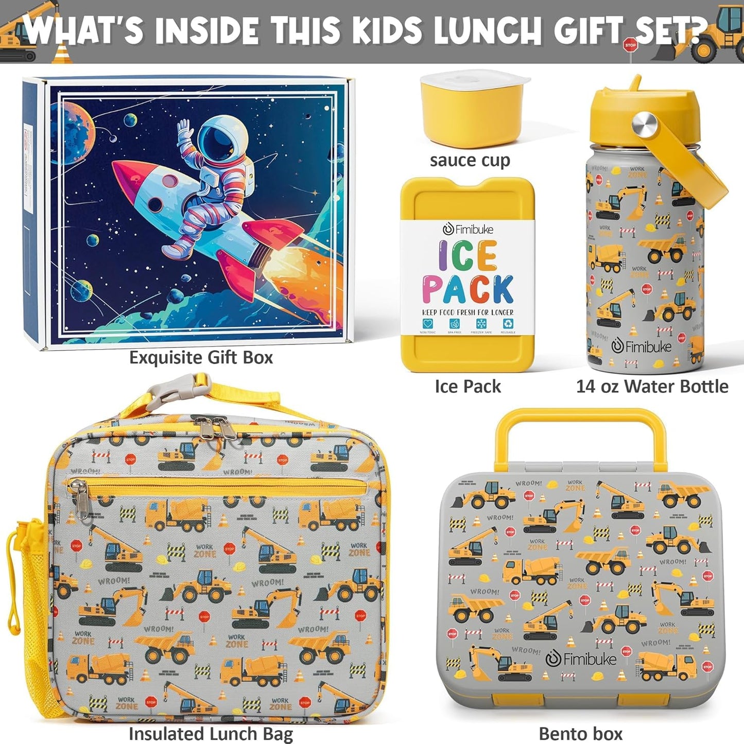 Fimibuke Bento Lunch Box for Kids - Toddler Snack Bento Box Container with 3 Compartments, Stainless Steel Water Bottle, Insulated Lunch Bag, Ice Pack Set for Ages 3-12 Girl Boy Daycare Back to School