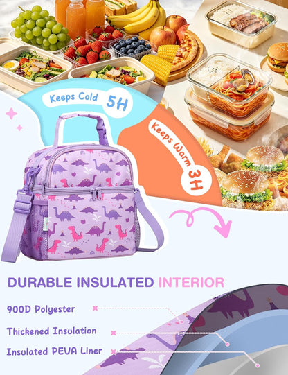 VASCHY Lunch Box Bag for Kids, Insulated Double Compartments Cooler Lunch Tote for Toddlers Boys Girls School/Daycare/Picnic Black Dinos