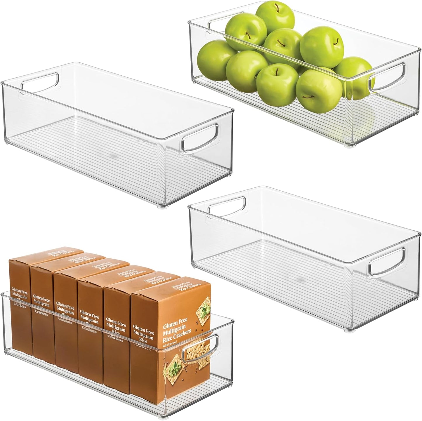 Plastic Stackable Pantry Bin - Organizer Bin with Handles for Cabinets or Fridge - Set of 4 - Clear