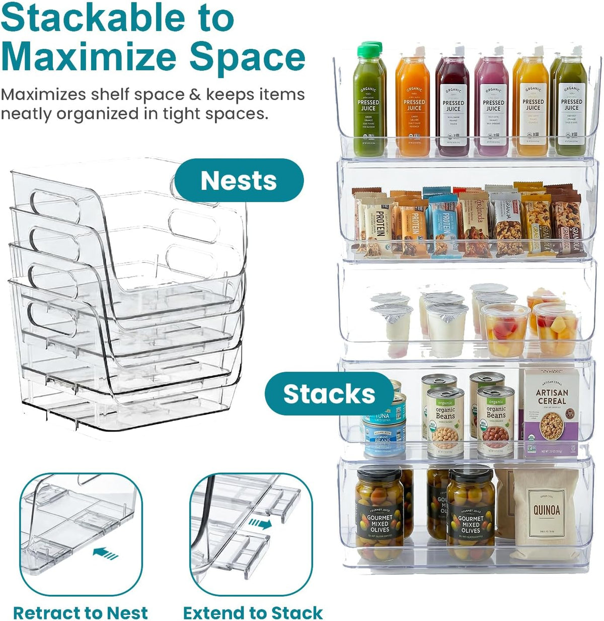 Basicwise Set of 3 Open-Front 16" Clear Storage Bins with Easy-Grip Handles Stackable Transparent Plastic Organizer Container for Pantry Cabinet Refrigerator Drawers Closets & Shelf Organization, XL