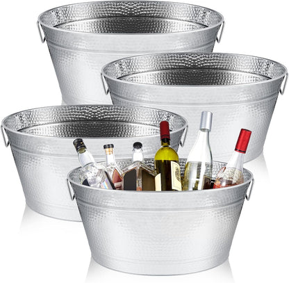 Uiifan 2 Pcs 24 Quart 6 Gallon Hammered Stainless Steel Beverage Tub Heavy Duty Oval Metal Large Ice Bucket for Drinks Bucket Cooler Ice Container for Bar Wedding Parties Anniversary Wine (Silver)