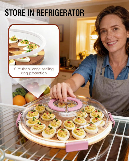 Renmxj Deviled Egg Containers with Lid (24 Eggs), 2026 Upgraded Acacia Wooden Deviled Egg Tray Platter for Party and Home Kitchen, The Lid is Dishwasher Safe (Black)