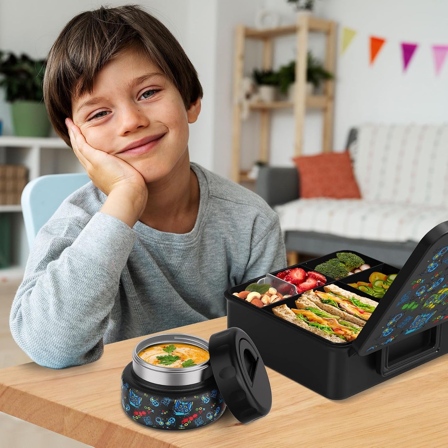 Bento Box for Kids with Thermo Food Container (9oz), 4-Compartment Lunch Box, Adjustable Divider, Leakproof Bento Lunch Box, Includes Utensils & Carry Bag for School, Office(Blue)